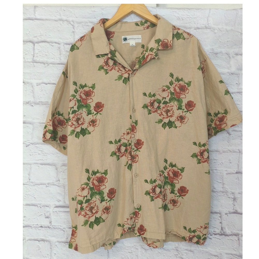 Aeropostale Mens XL Floral Hemp Cotton Blend Button Up Shirt Tan Rose